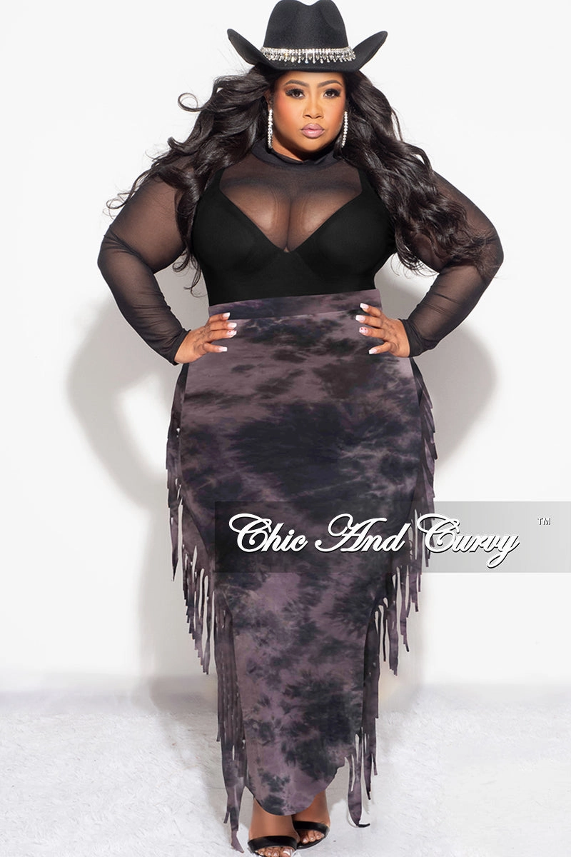 Final Sale Plus Size High Waist Fringe Trim Pencil Skirt in Black and Purple Tie Dye Print Simple Cut Chill Style