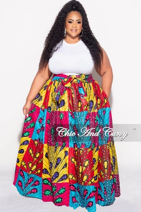 Final Sale Plus Size High Waist Maxi Skirt with Tie in Multi Color Design Print Movement Support Soft Wear