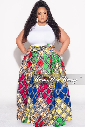 Functional fashion wear No Irritation Seams Final Sale Plus Size High Waist Maxi Skirt with Tie in Multi Color Diamond Print