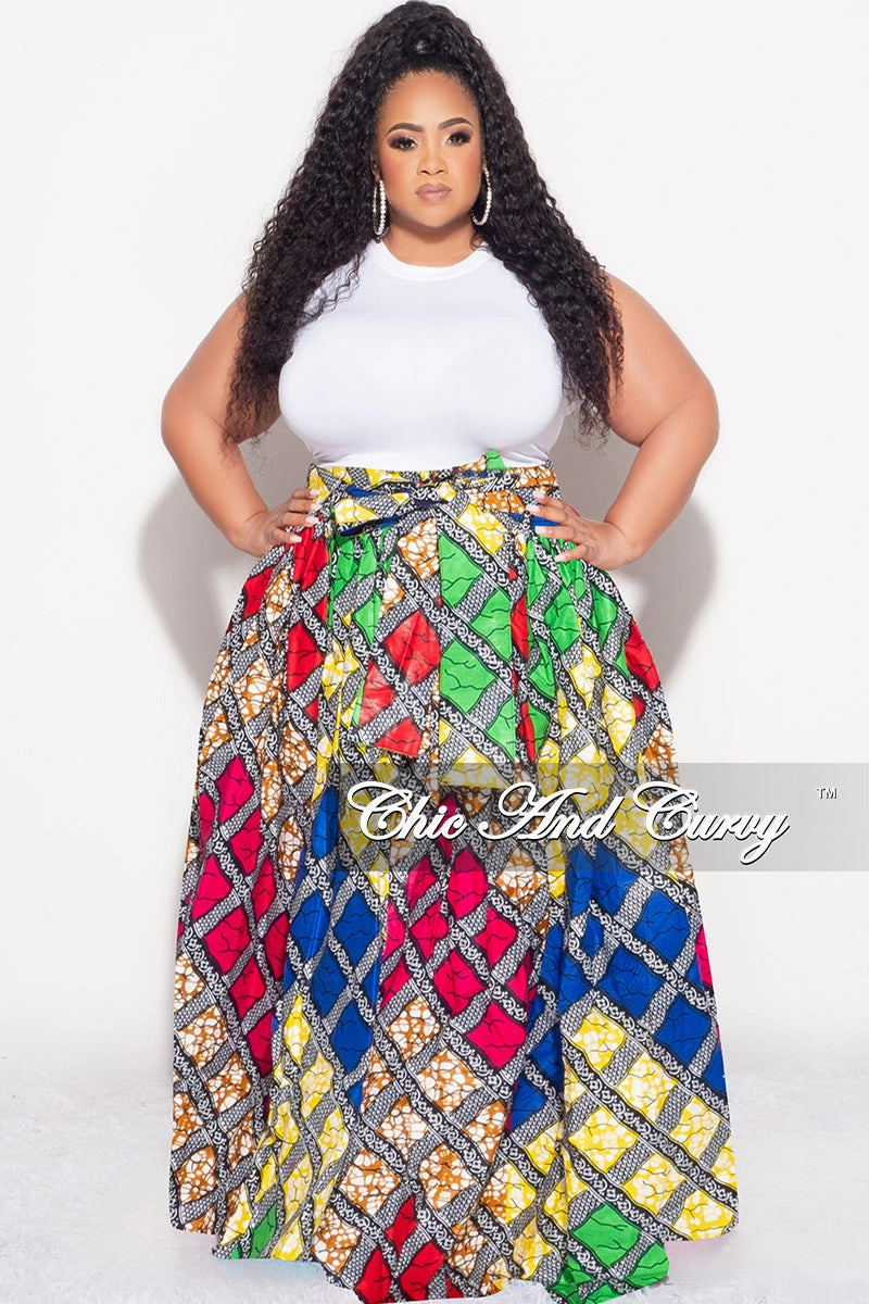 Functional fashion wear No Irritation Seams Final Sale Plus Size High Waist Maxi Skirt with Tie in Multi Color Diamond Print