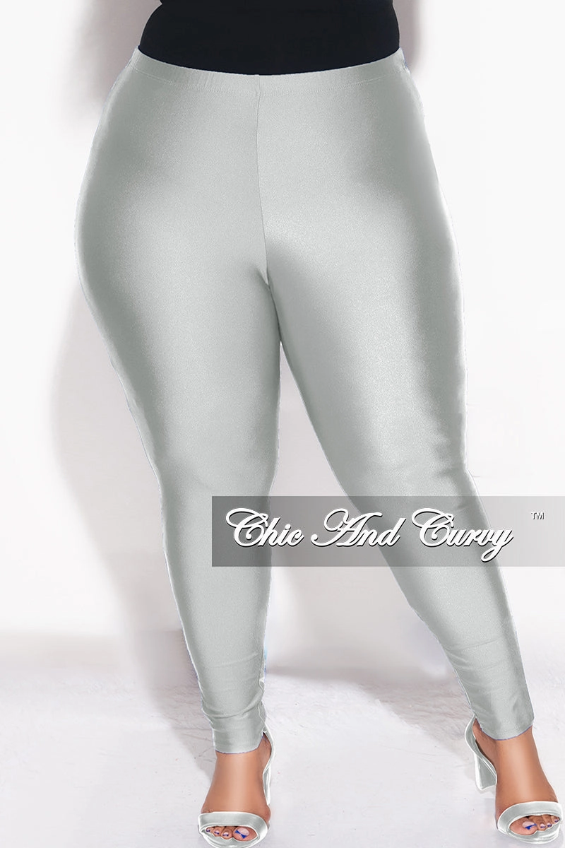Comfort Cushioning Chilly Weather Wear Final Sale Plus Size High Waisted Shiny Leggings in Silver