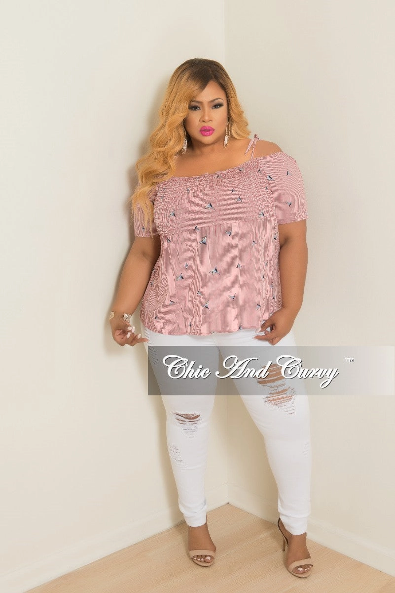 QuickDryTech High Waist Stretch Final Sale Plus Size Hummingbird Stripe Printed Cold Shoulder Top in Red and White