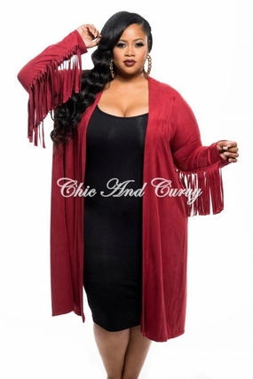 Final Sale Plus Size Jacket in Faux Suede with Fringe Sleeves and Slit Back in Burgundy Raw edge Core Basic