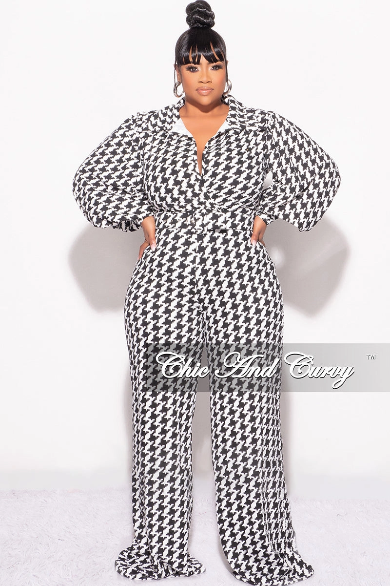 Flattering Shape Final Sale Plus Size Jumpsuit in Black & Ivory Houndstooth Print