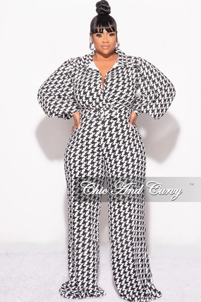 Flattering Shape Final Sale Plus Size Jumpsuit in Black & Ivory Houndstooth Print