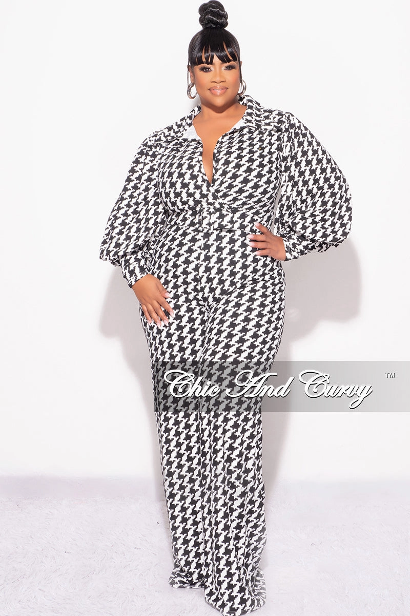 On The Go Lightweight Weave Final Sale Plus Size Jumpsuit in Black & Ivory Houndstooth Print