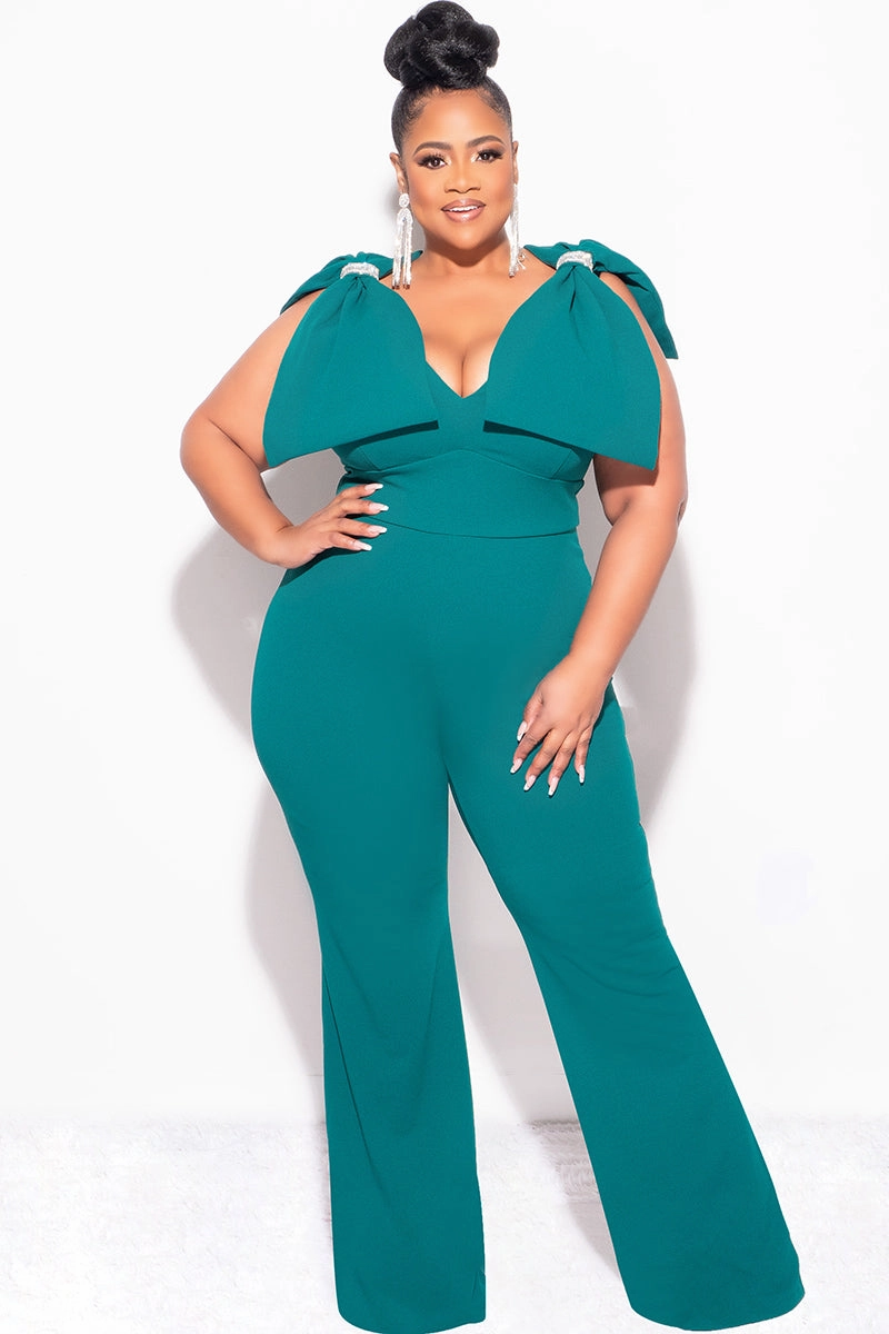 Breathable Style Smart Motion Final Sale Plus Size Jumpsuit with Bow on Shoulders in Green