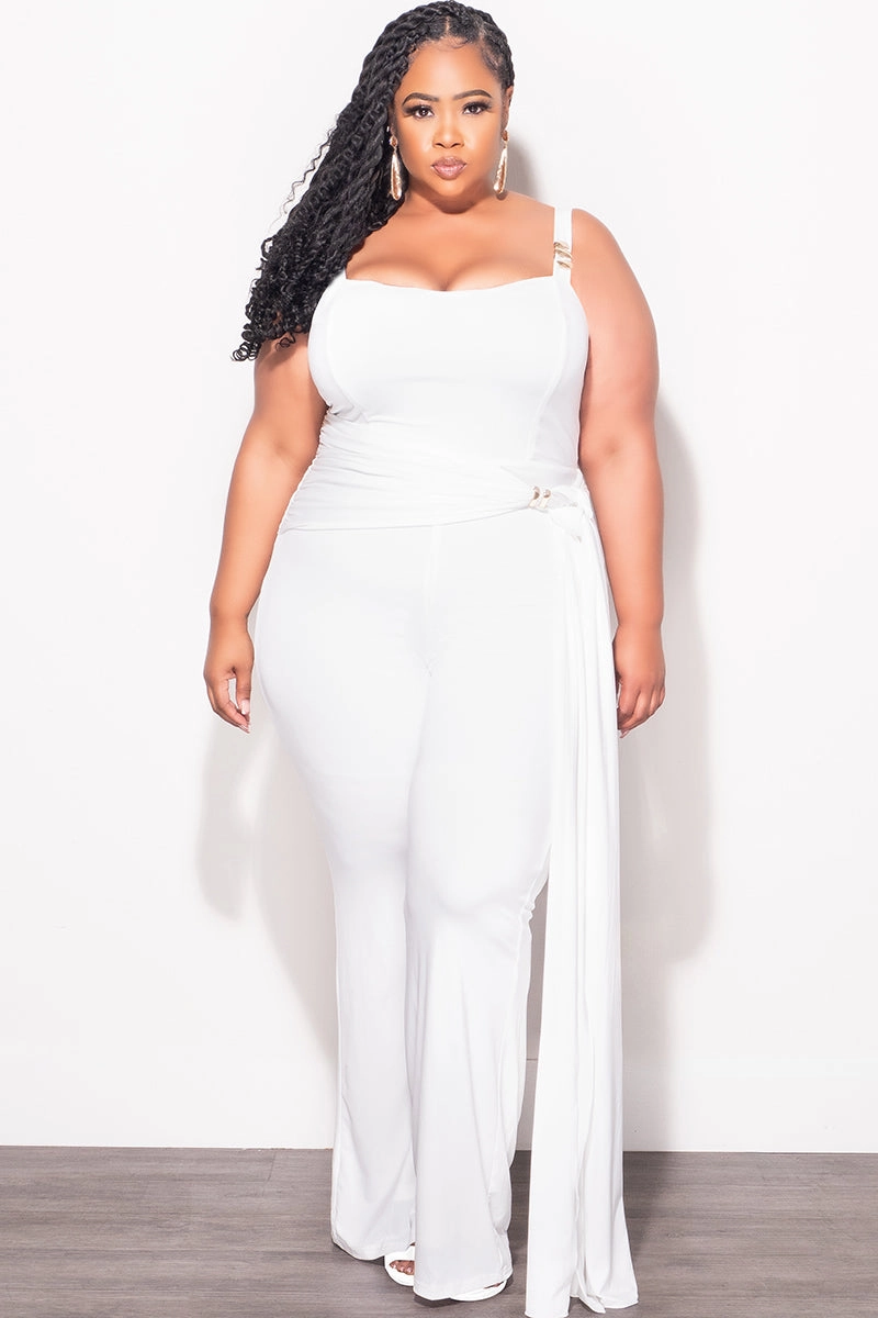 Flexible Waist Fashionable Cut Final Sale Plus Size Jumpsuit with Gold Detail and a Sash in White