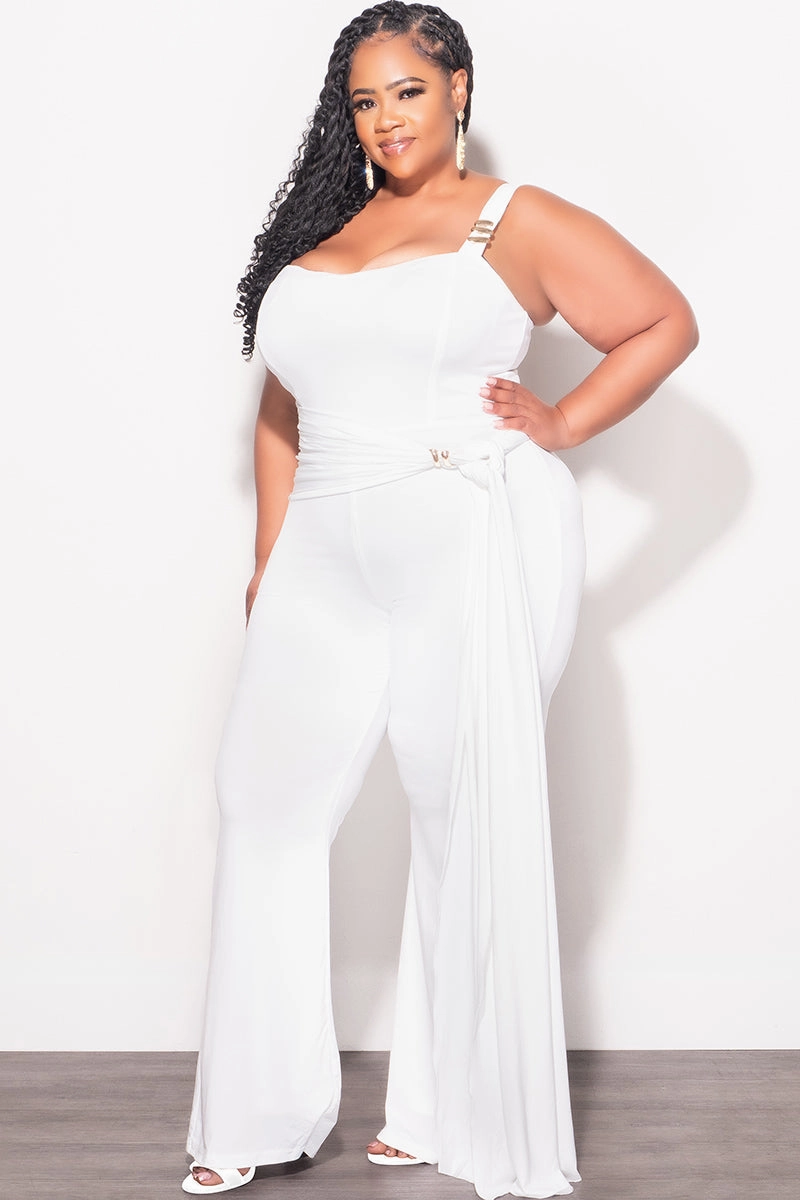 WrinkleFreeFabric Easy Flex Design Final Sale Plus Size Jumpsuit with Gold Detail and a Sash in White
