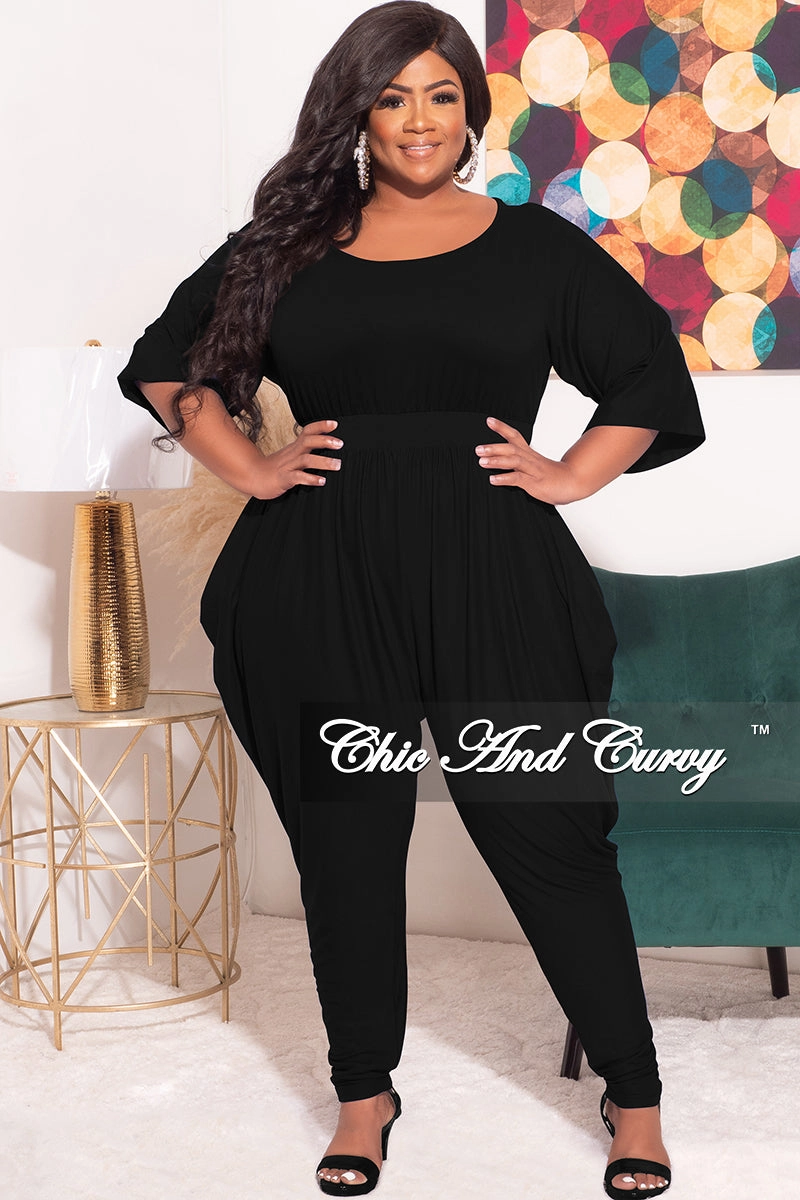 Contrast Trim Rayon drape Final Sale Plus Size Jumpsuit with Harem Effect in Black