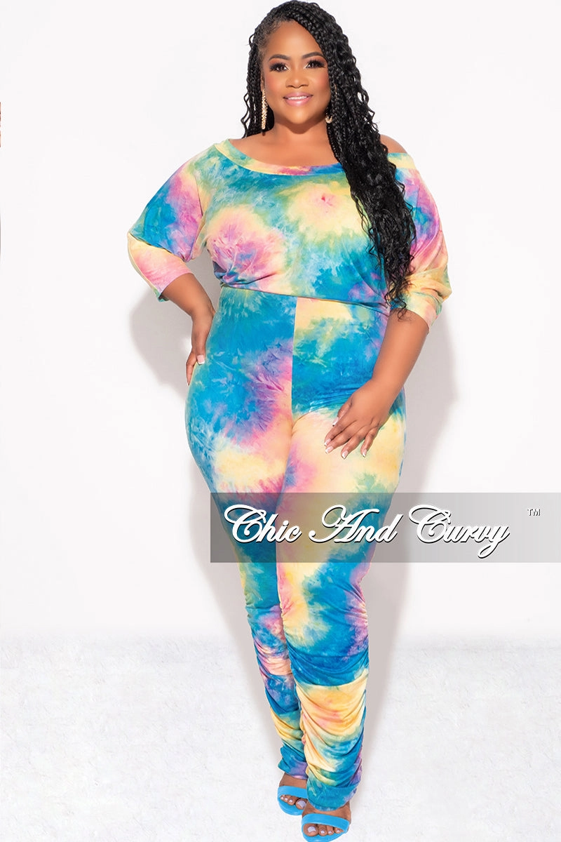 Slim Waist Hidden pockets Final Sale Plus Size Jumpsuit with Ruched Legs in Rainbow Cloud Tie Dye Print
