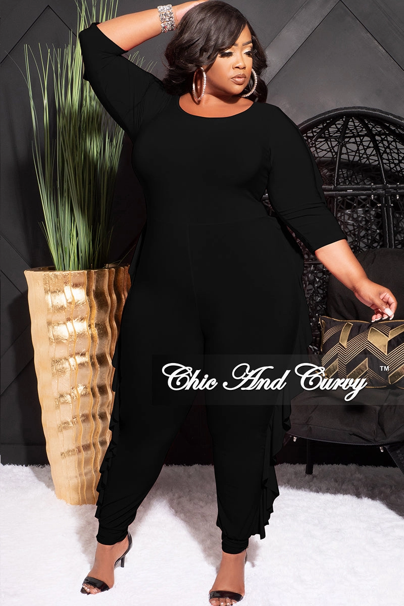 Flattering Cut Final Sale Plus Size Jumpsuit with Ruffle Trim in Black