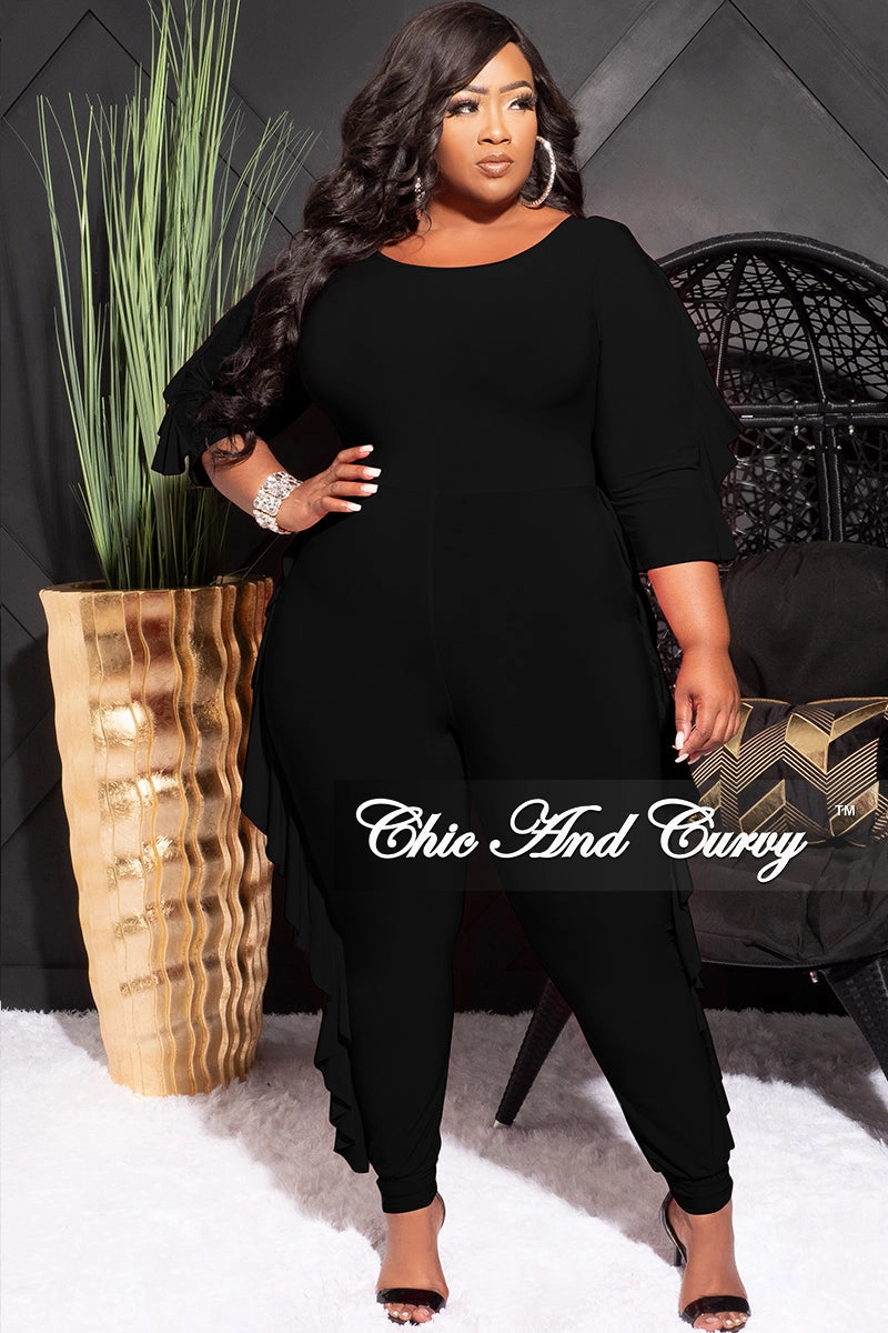 Final Sale Plus Size Jumpsuit with Ruffle Trim in Black Relaxed Look Lightweight insulation