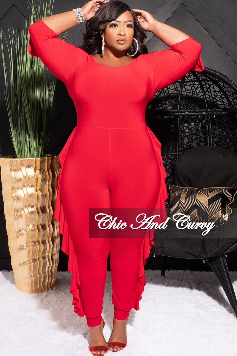 Comfy Shape Final Sale Plus Size Jumpsuit with Ruffle Trim in Red