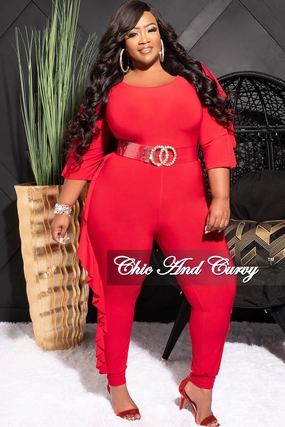 Full Motion Utility Pockets Final Sale Plus Size Jumpsuit with Ruffle Trim in Red