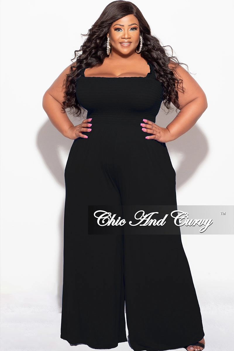 Ultra Soft Inner Layer Essential Wear Final Sale Plus Size Jumpsuit with Smocking & Elastic Straps in Black