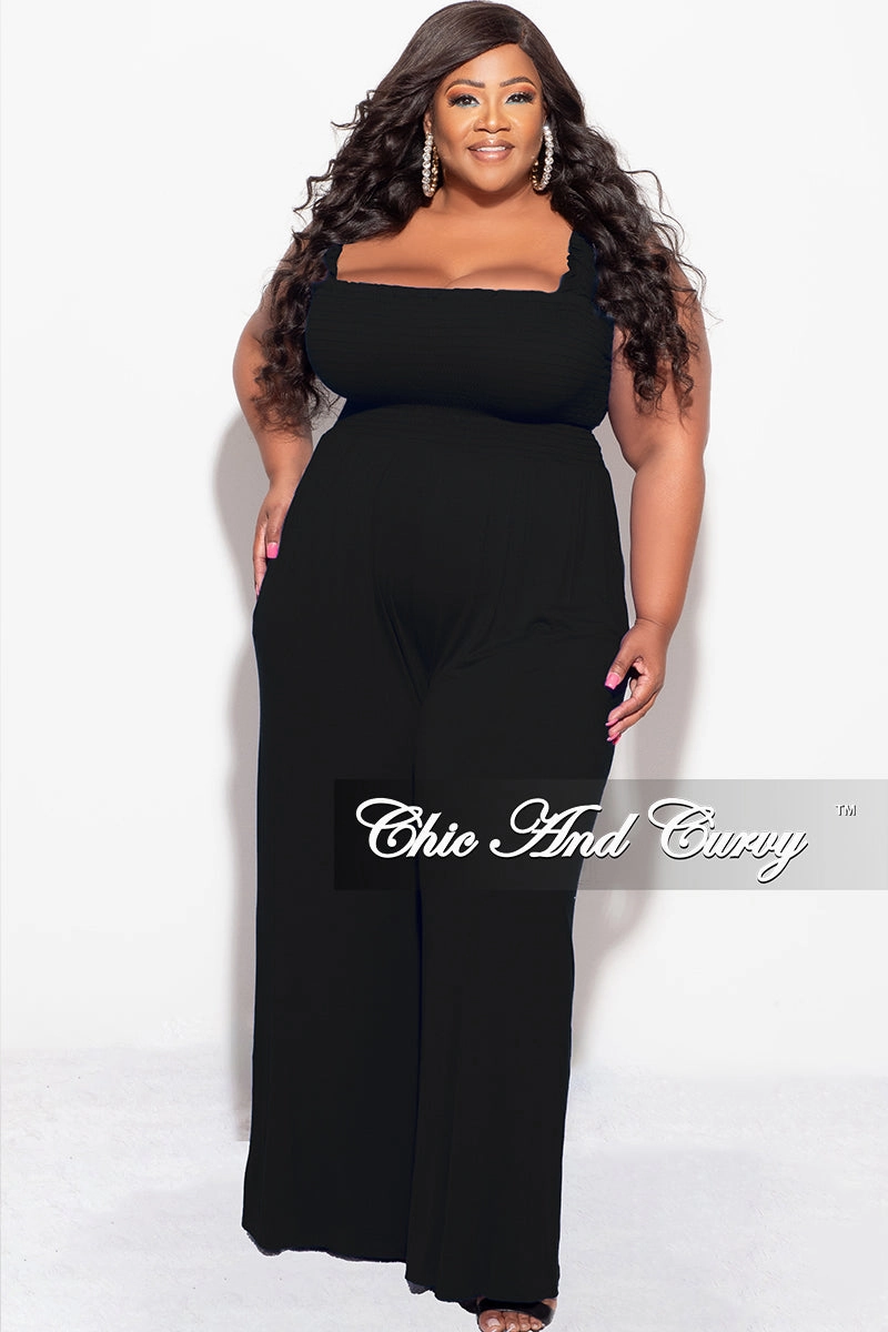 Final Sale Plus Size Jumpsuit with Smocking & Elastic Straps in Black Slim Comfort Chic Fit