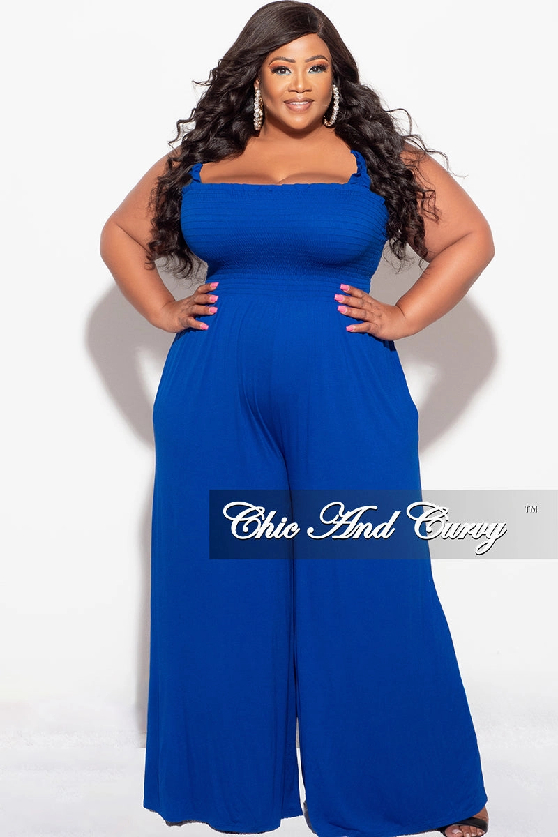 Final Sale Plus Size Jumpsuit with Smocking & Elastic Straps in Blue Relaxed Vibe