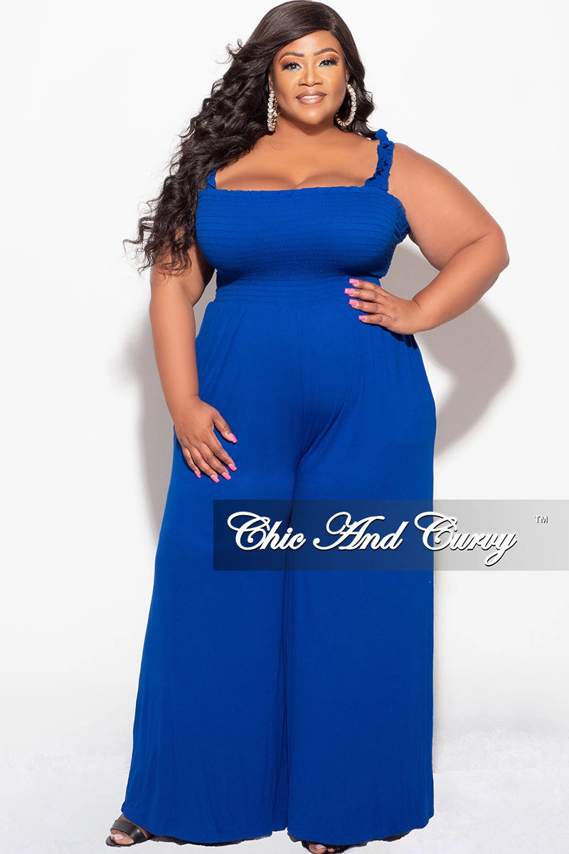 Breathable back panel Final Sale Plus Size Jumpsuit with Smocking & Elastic Straps in Blue