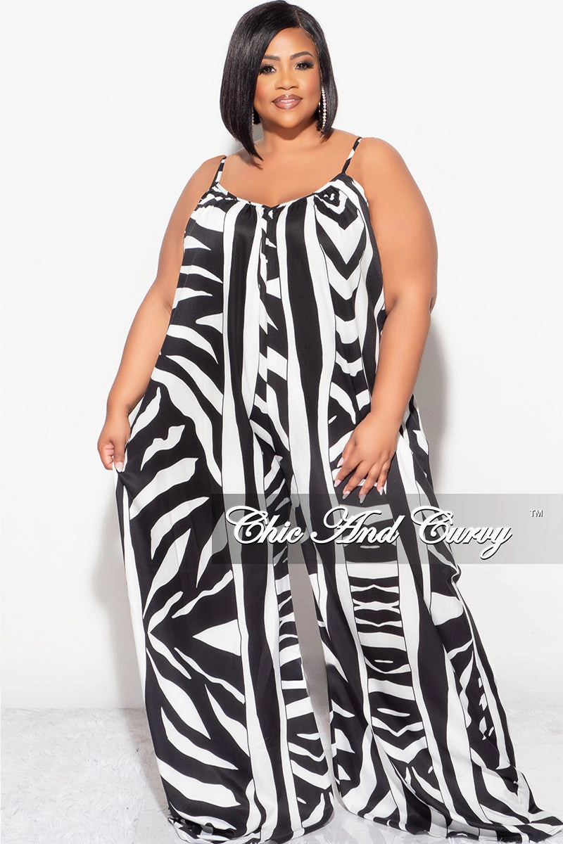 Final Sale Plus Size Jumpsuit with Spaghetti Straps & Ruffled Ankles in Black and White Quick Move Sleek Waist