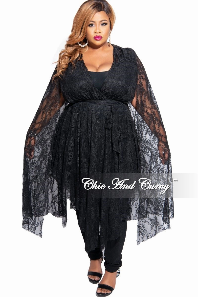 Final Sale Plus Size Lace Split Bell Sleeve Top in Black Roll-up style Quality Fabric