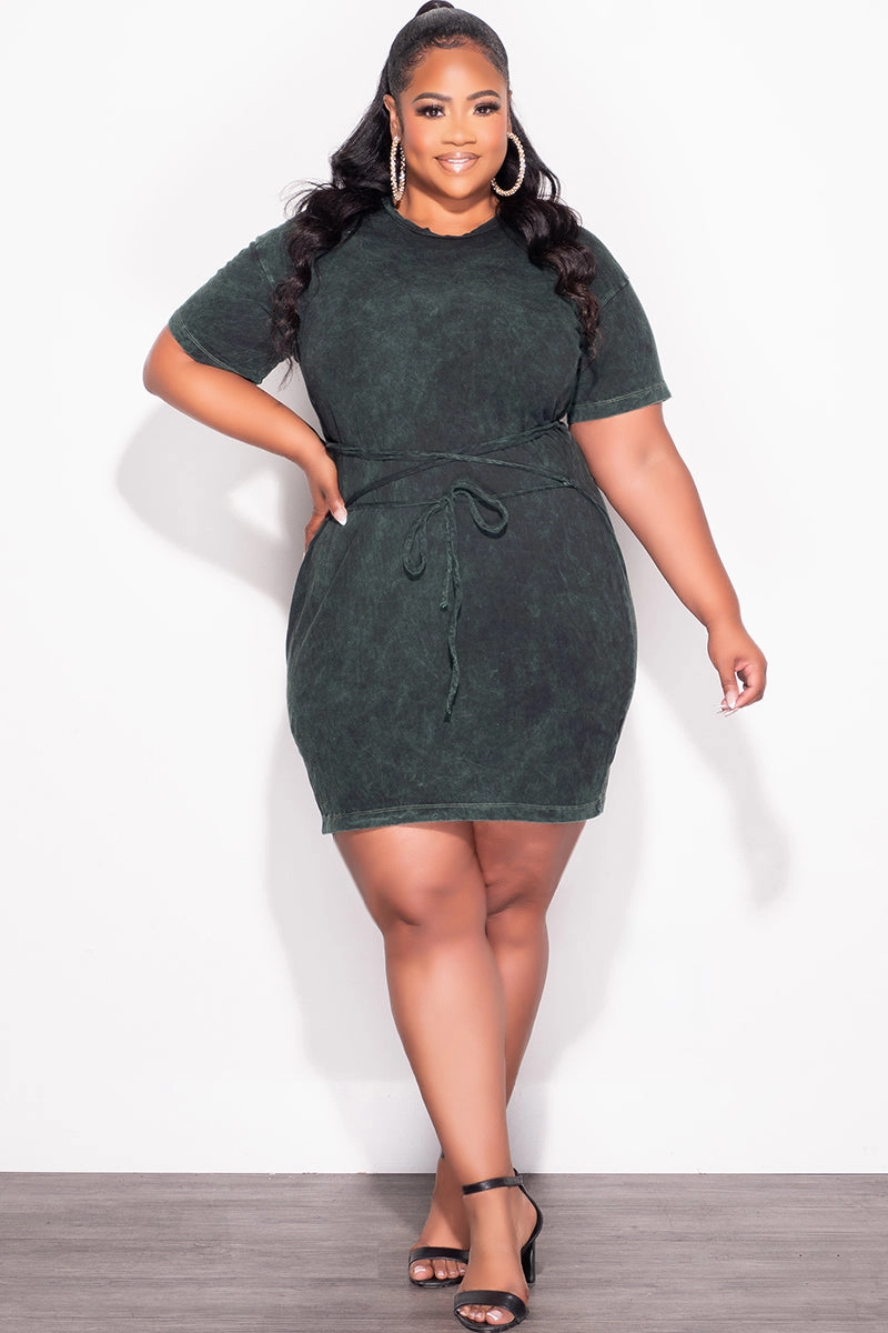 Final Sale Plus Size Lace Up Front T-Shirt Dress in Green HighRiseWaistband