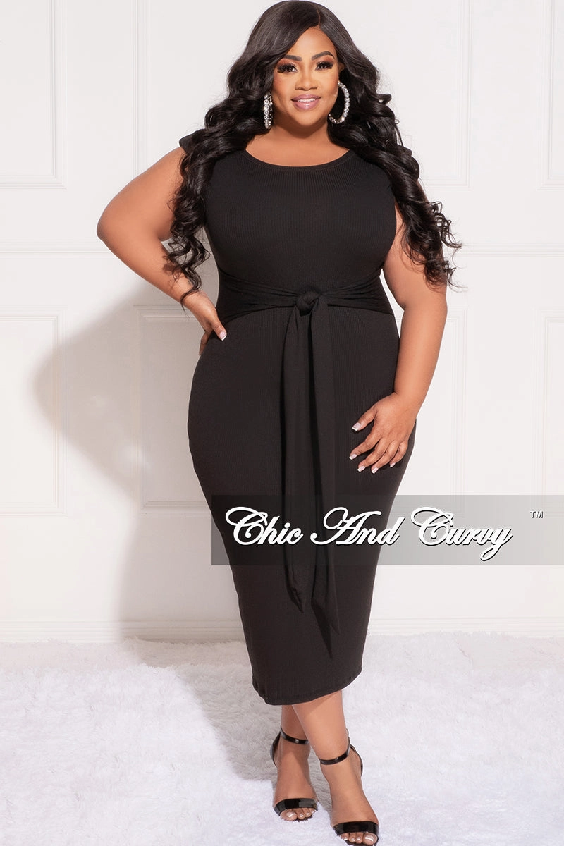 Final Sale Plus Size Light Ribbed Sleeves Shoulder Pad Midi Dress with Waist Tie in Black Odor Resistant Treatment