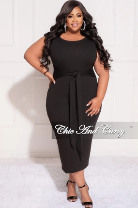 Final Sale Plus Size Light Ribbed Sleeves Shoulder Pad Midi Dress with Waist Tie in Black Odor Resistant Treatment