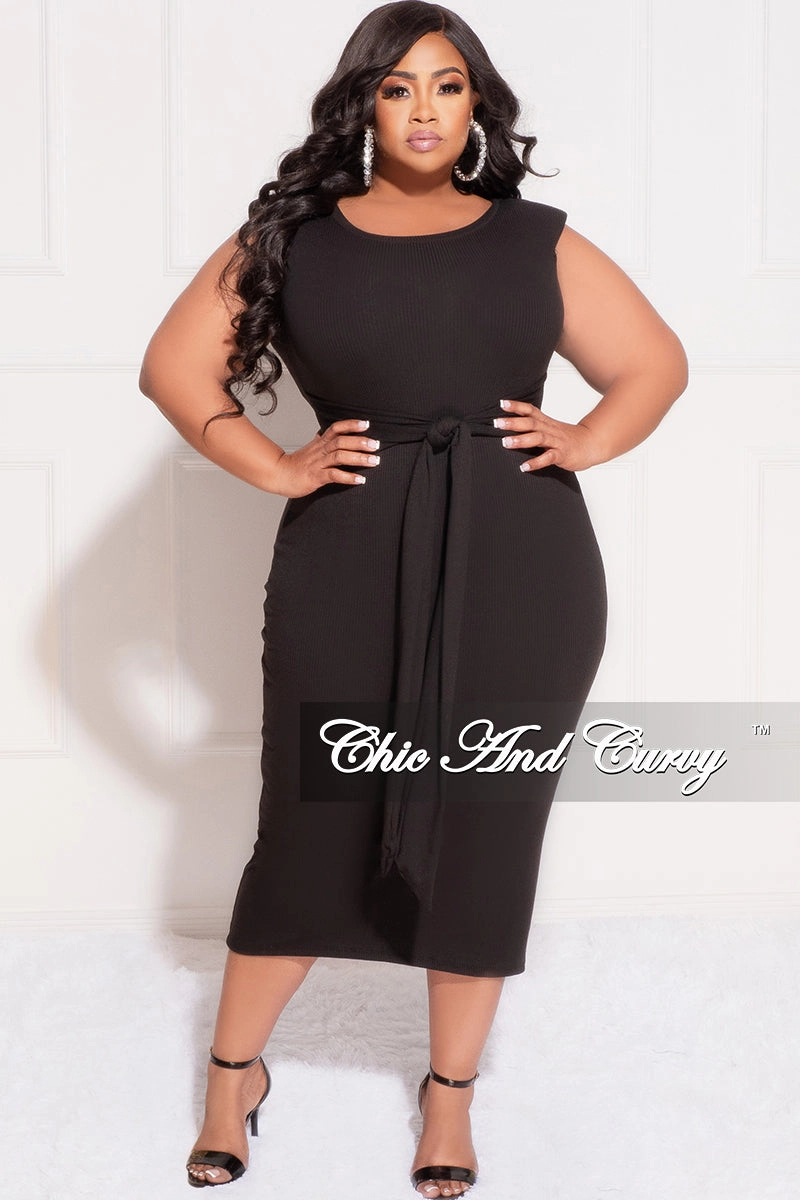 Warm design Final Sale Plus Size Light Ribbed Sleeves Shoulder Pad Midi Dress with Waist Tie in Black