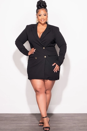Customizable length Final Sale Plus Size Lightweight Blazer / Blazer Dress with Gold Buttons In Black