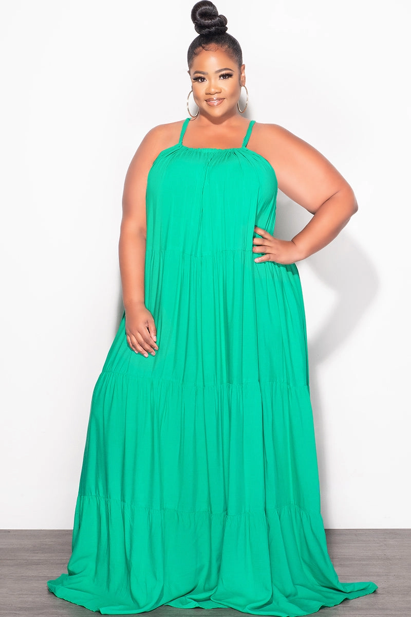 Final Sale Plus Size Long Halter Dress with Back Tie in Green Abrasion Resistant Surface Stretch waistband