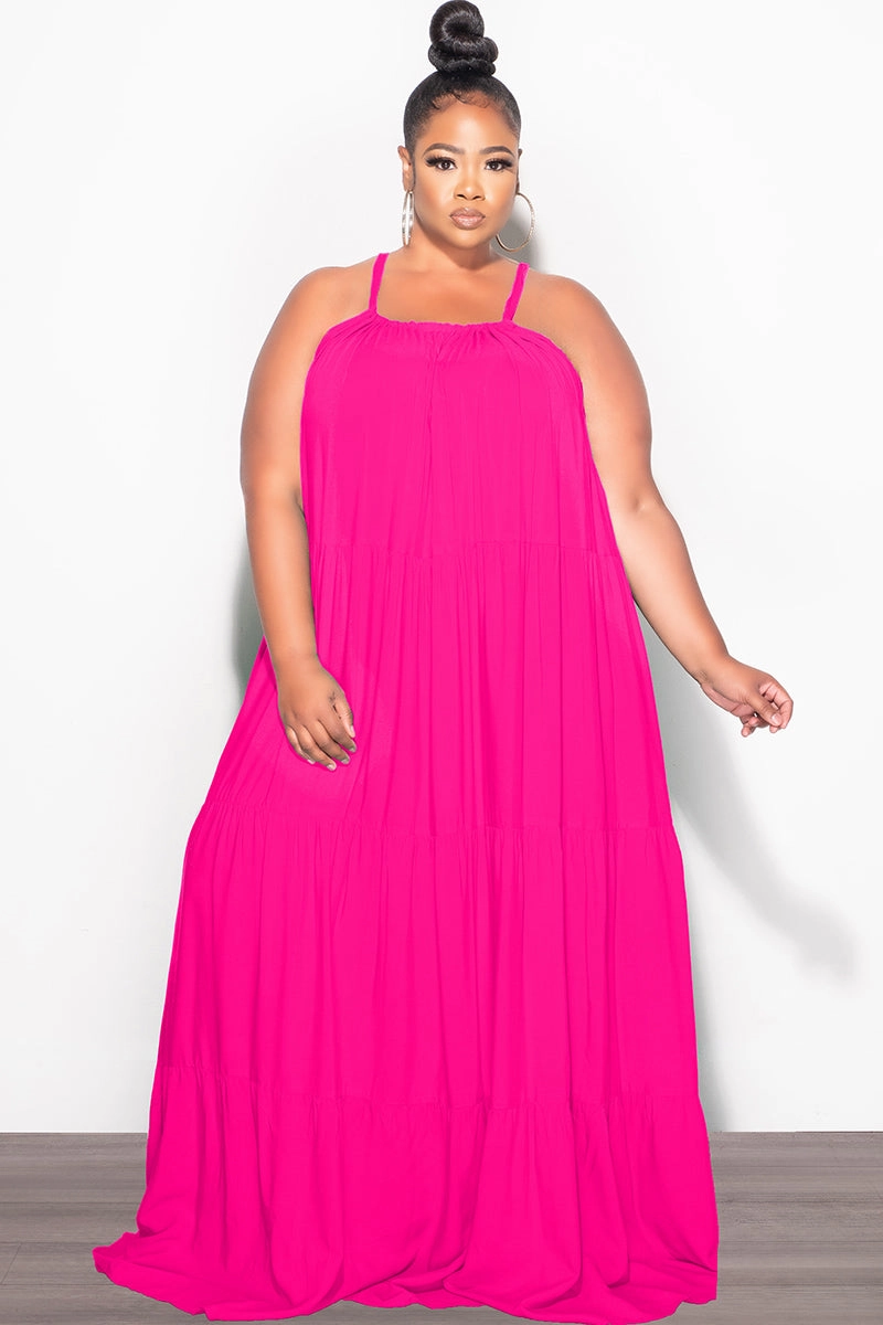 Movement Ready Final Sale Plus Size Long Halter Dress with Back Tie in Hot Pink