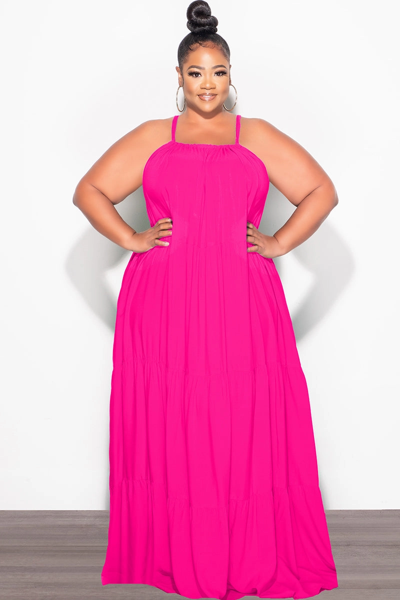 Final Sale Plus Size Long Halter Dress with Back Tie in Hot Pink Flexible Comfort
