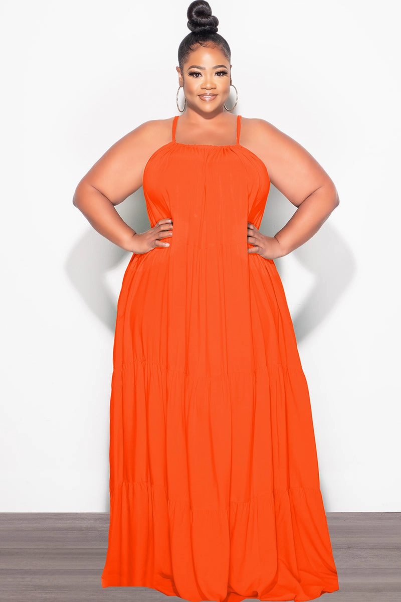 Adjustable Fit Final Sale Plus Size Long Halter Dress with Back Tie in Orange