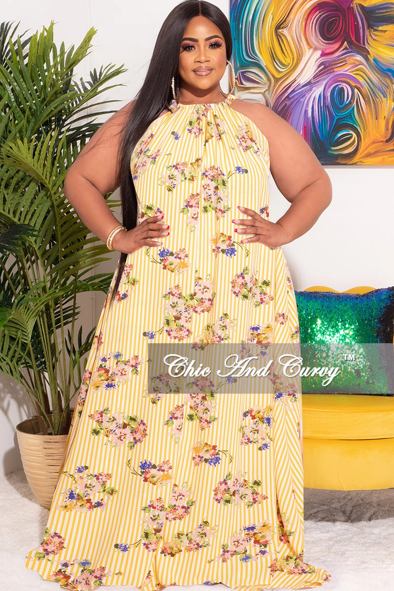 Final Sale Plus Size Long Halter Dress with Back Tie in Striped  Floral Print High Waist Stretch