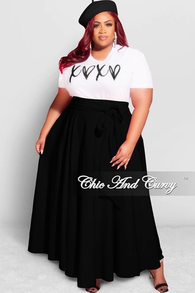 Flexible Waist Walk Friendly Final Sale Plus Size Long Maxi Skirt with Waist Tie in Black