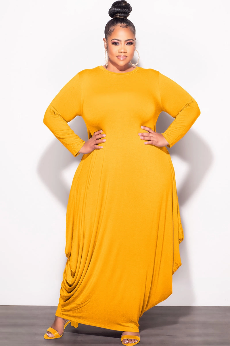 Final Sale Plus Size Long Sleeve Casual Loose Pocket Dress in Mustard Breathable back panel