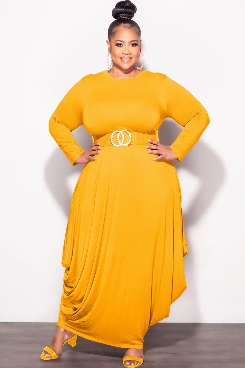 Final Sale Plus Size Long Sleeve Casual Loose Pocket Dress in Mustard ReinforcedStitching