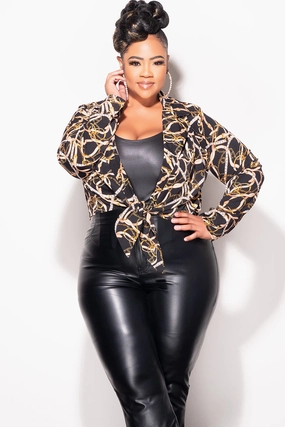 Final Sale Plus Size Long Sleeve Chiffon Collar Tie Crop Top in Black Chain Print Dark wash HiddenPockets