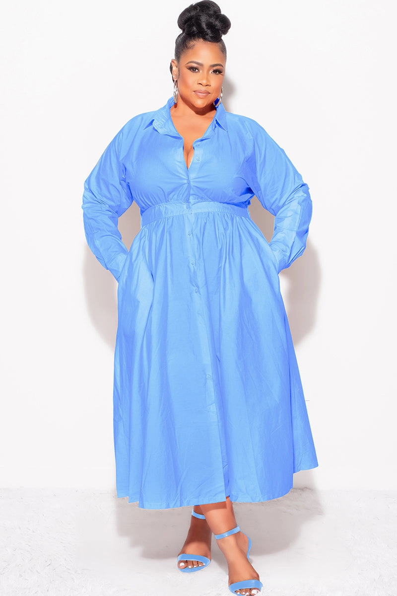 Final Sale Plus Size Long Sleeve Collar Button Up Dress in Blue Tapered ankle Curved Waistline