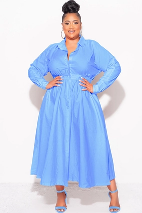 Detachable belt Sport Flex Final Sale Plus Size Long Sleeve Collar Button Up Dress in Blue