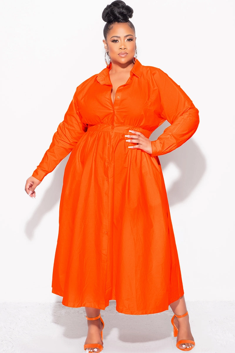 Final Sale Plus Size Long Sleeve Collar Button Up Dress in Orange Reinforced Stitching