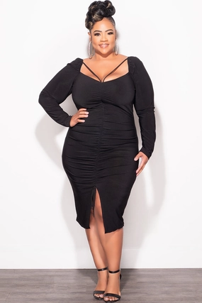 Final Sale Plus Size Long Sleeve Cutout Ruched BodyCon Dress with Front Slit in Black Relax Fit Wear Comfortable Layers