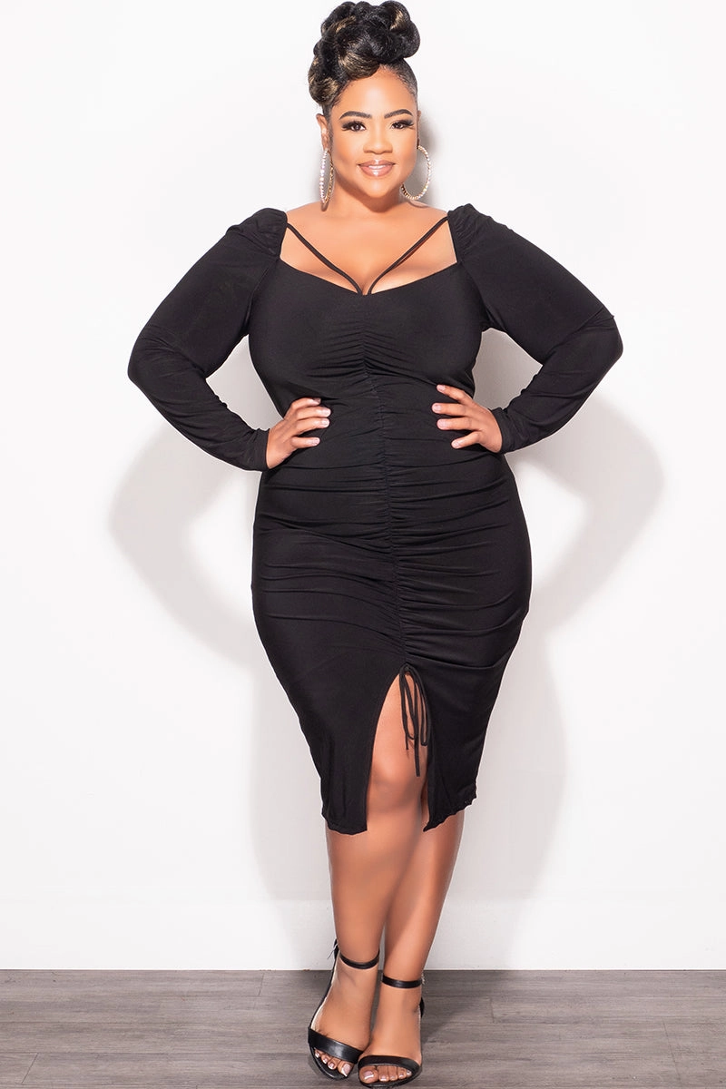 Outdoor Friendly Lightweight Final Sale Plus Size Long Sleeve Cutout Ruched BodyCon Dress with Front Slit in Black