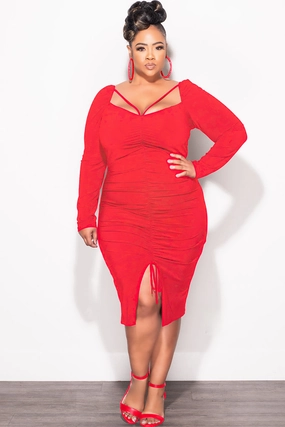 Final Sale Plus Size Long Sleeve Cutout Ruched BodyCon Dress with Front Slit in Red Utility Fit Fashionable Cut
