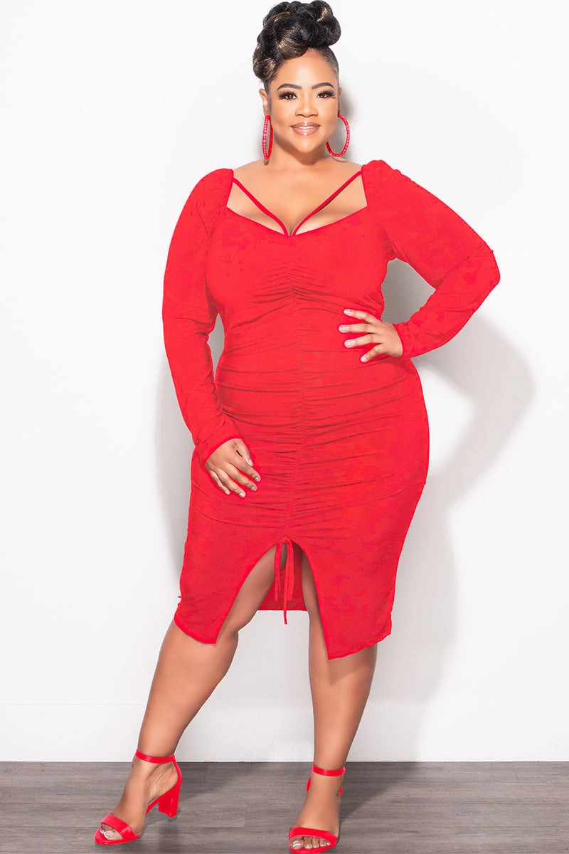 Outdoor Use Final Sale Plus Size Long Sleeve Cutout Ruched BodyCon Dress with Front Slit in Red