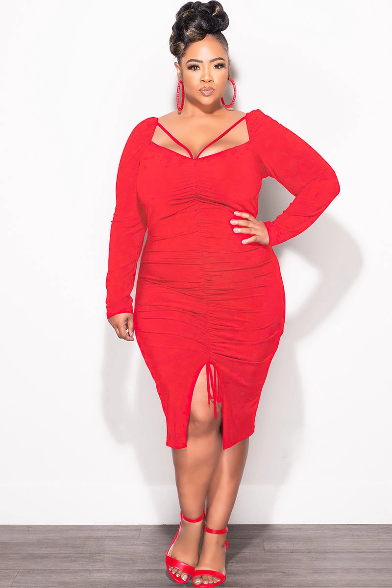 Final Sale Plus Size Long Sleeve Cutout Ruched BodyCon Dress with Front Slit in Red Utility Fit Fashionable Cut