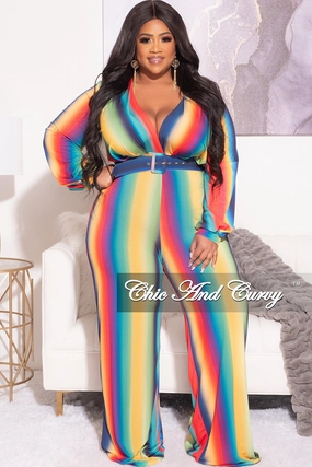 Adaptable Fit Final Sale Plus Size Long Sleeve Deep V Belted Wide Leg Jumpsuit in Rainbow Print