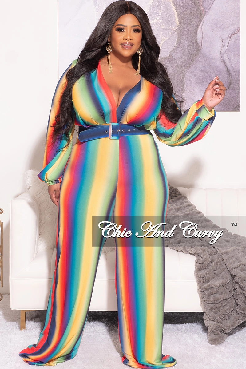 Final Sale Plus Size Long Sleeve Deep V Belted Wide Leg Jumpsuit in Rainbow Print Casual Chic Sport Ready