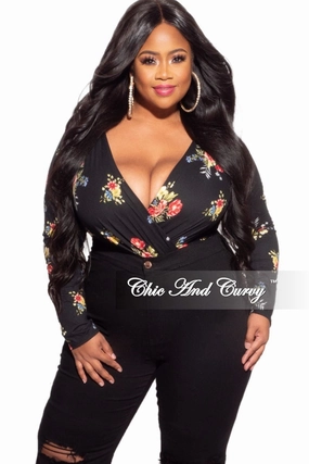 smooth zipper Final Sale Plus Size Long Sleeve Faux Wrap Bodysuit in Black Floral Print